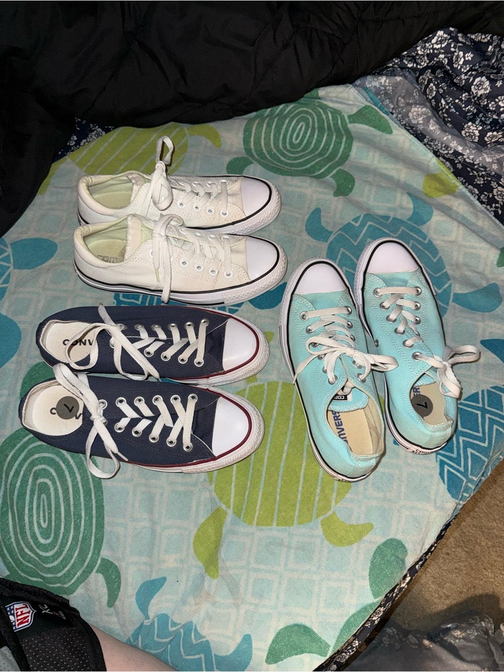 3 pairs Converse Low-Top Sneakers White, Navy, and Aqua Blue size W7 or M5.5